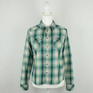 Aritzia TNA Women's Medium Green Blue Plaid Flannel Long Sleeve Button Up Shirt